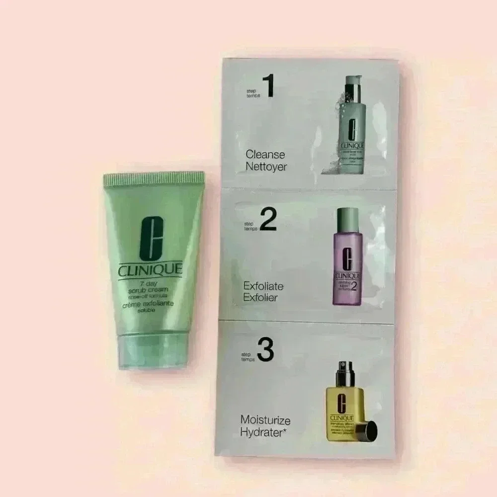 CLINIQUE 7 Day Scrub Cream Rinse-Off Formula 1oz/30mL w/ 3 Step Cleanser Sample.